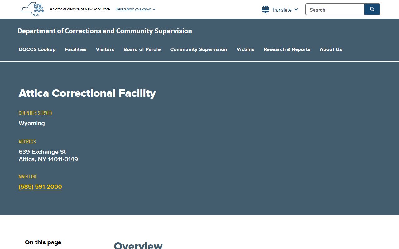 Attica Correctional Facility DOCCS inmate lookup and visitation page