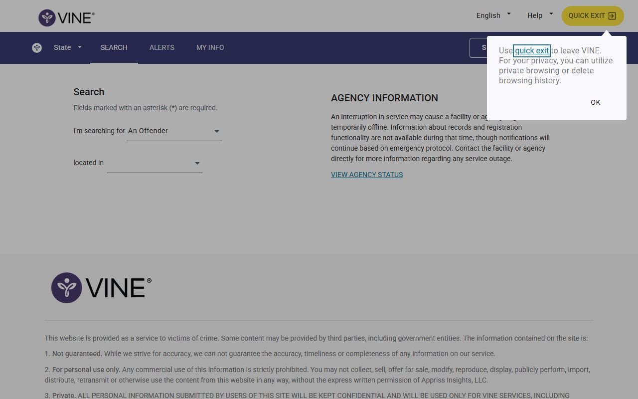 Wyoming County inmate search through VINE custody lookup