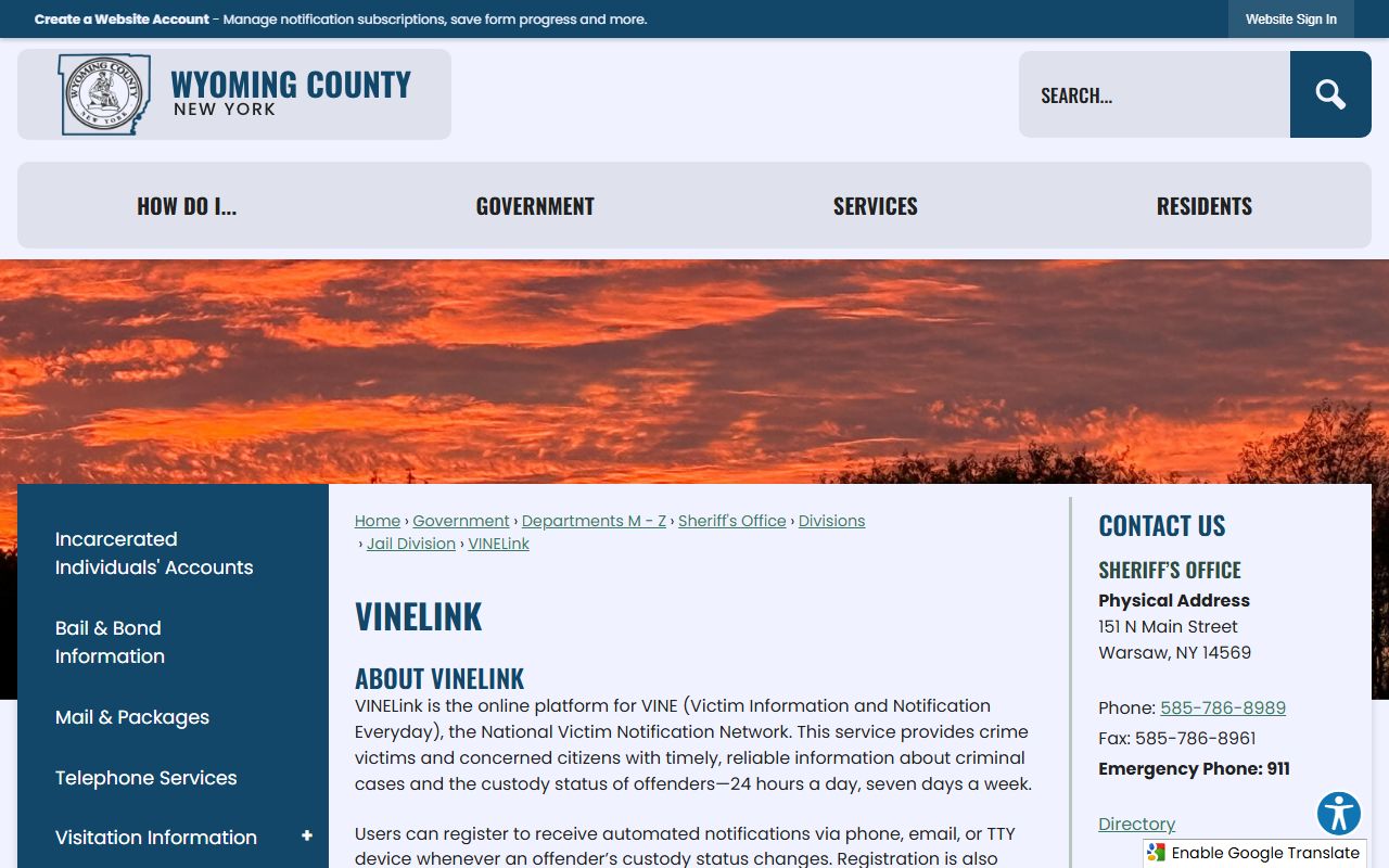 Wyoming County inmate records VINELink custody status page
