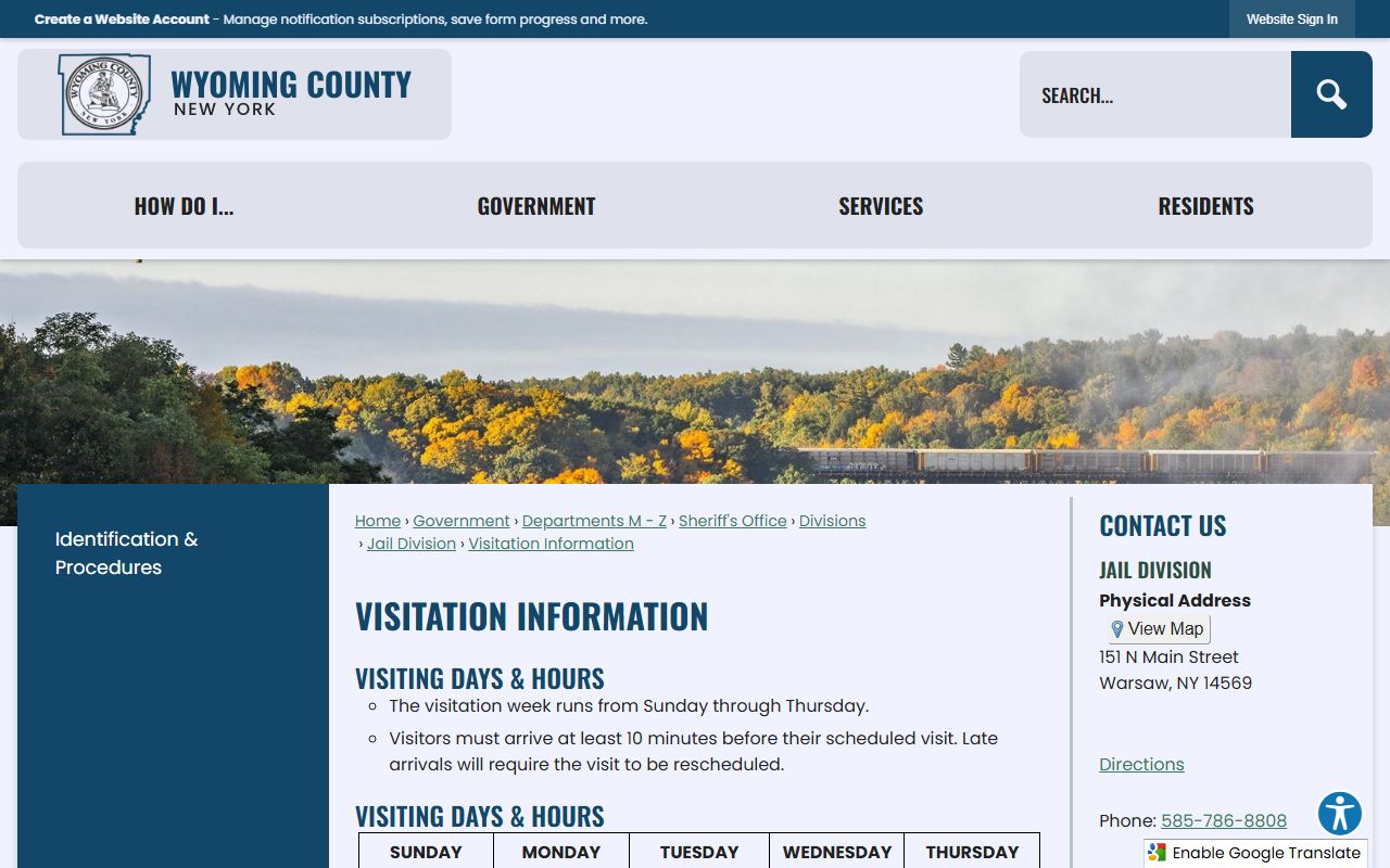 Wyoming County Jail visitation rules for incarcerated individual visits